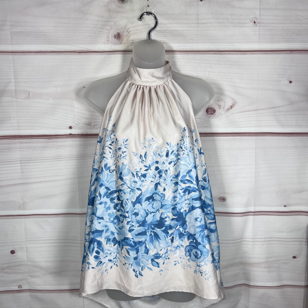 Parker Halter Top Women XXL Blue Floral Satin Mock Neck Sleeveless Open Back